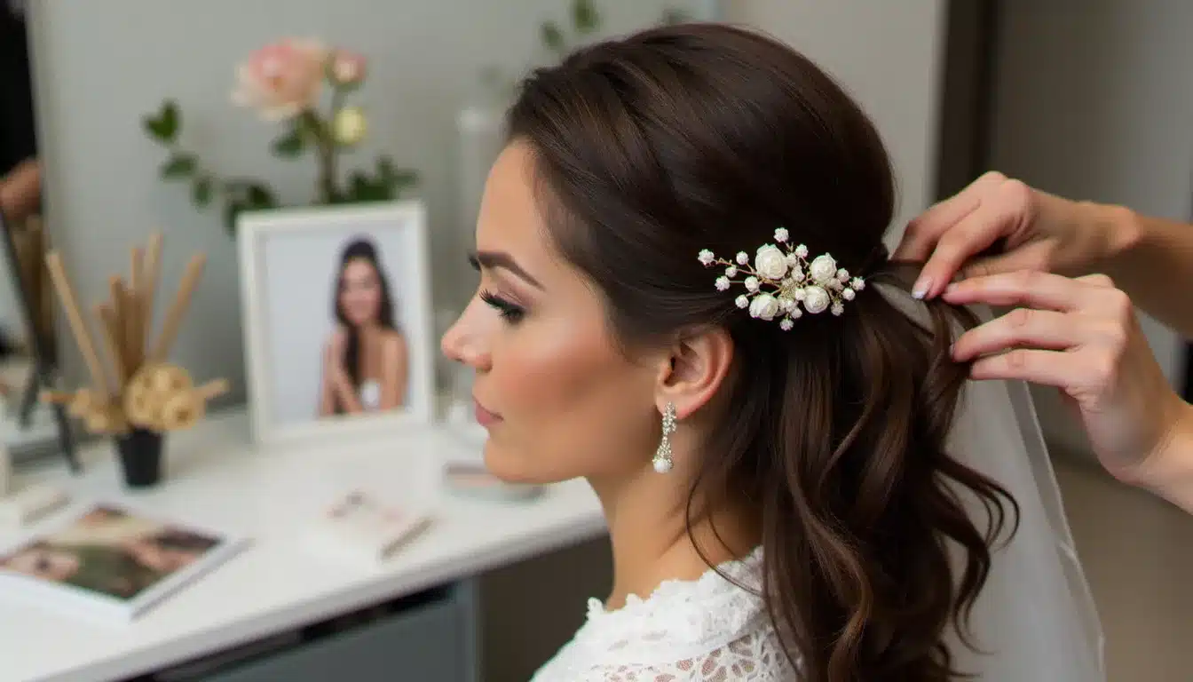 Essai coiffure de mariage avec voile, peigne fleuri et inspirations posées devant le miroir