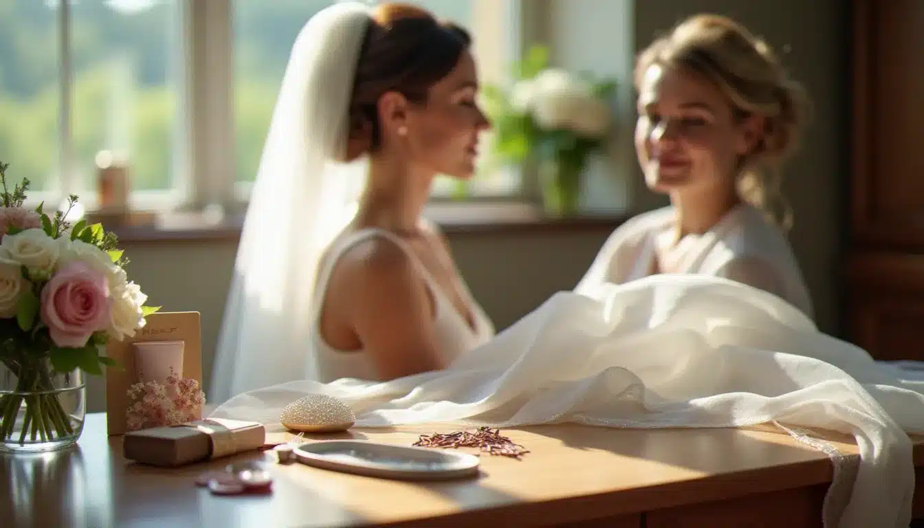 Trousse de retouche, voile et accessoires cheveux préparés pour assurer la tenue de la coiffure de mariage