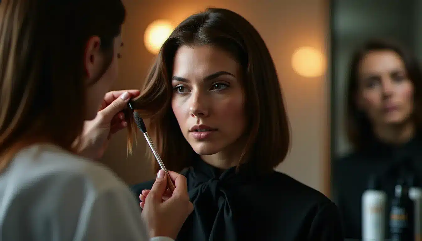 Coiffeur appliquant une coloration avec précision pendant une prestation technique en salon