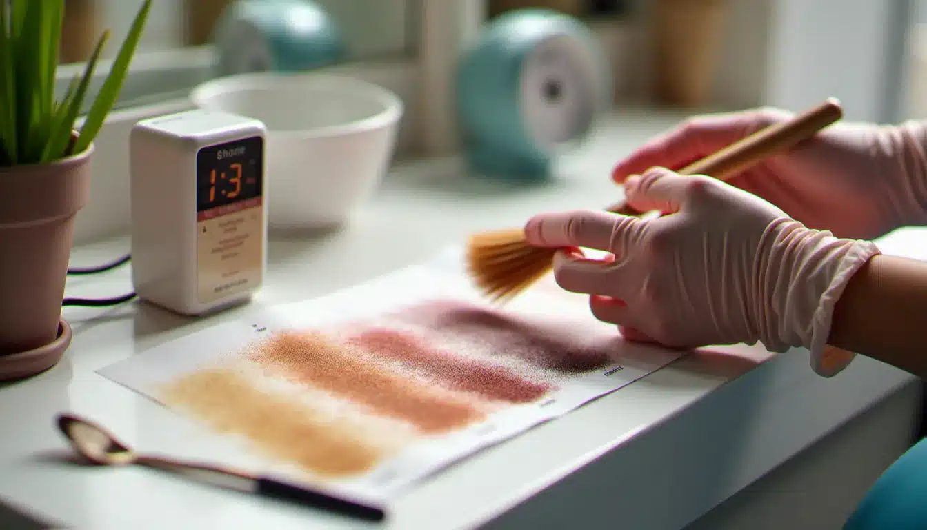 Nuancier, minuteur et matériel de coloration illustrant les différences de tenue selon les techniques