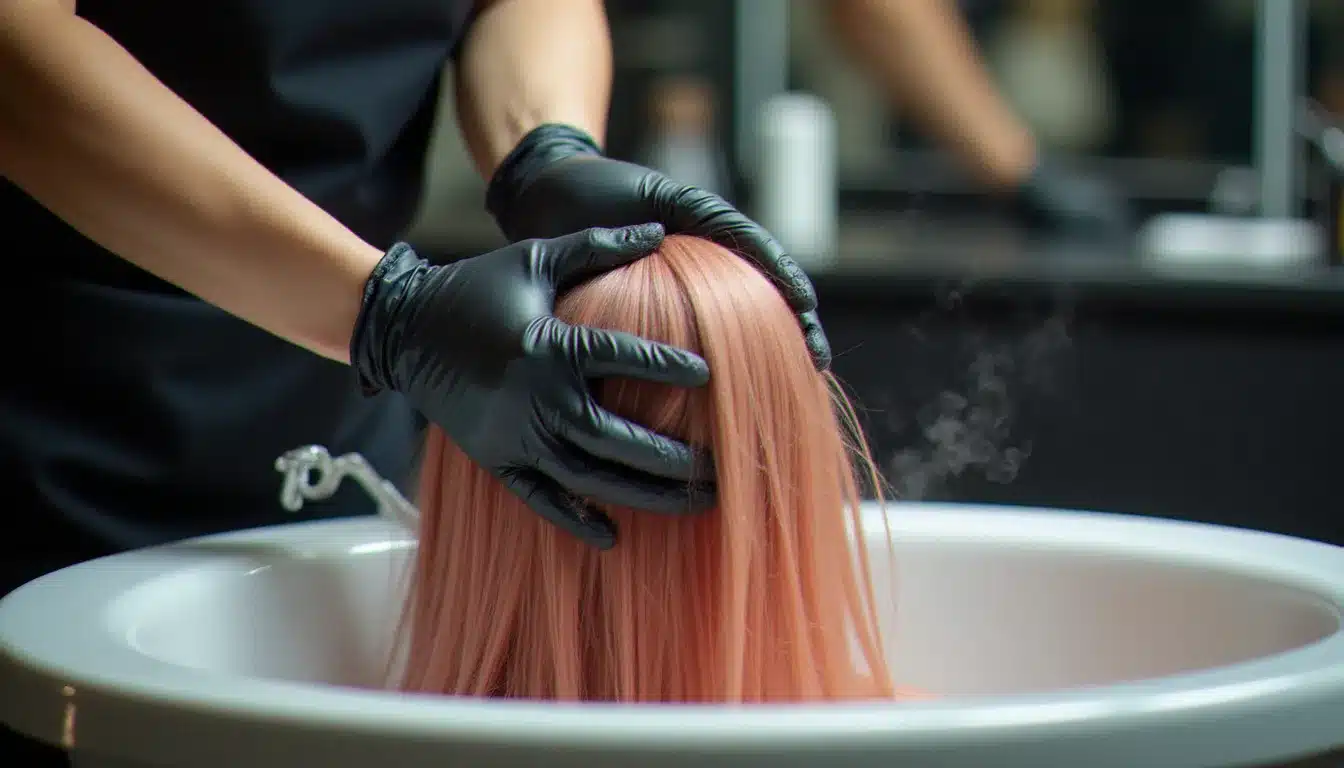 Rinçage professionnel d’une coloration en salon après le temps de pose et avant le soin capillaire
