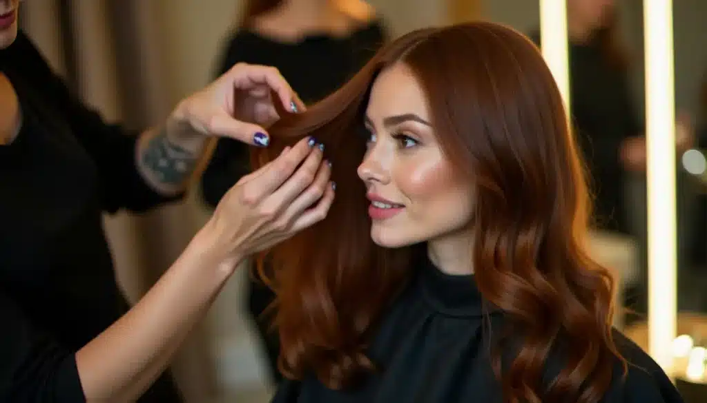 entretien cheveux colores conseils featured Femme aux cheveux colorés brillants dans un salon, illustration naturelle de l’entretien cheveux colores conseils