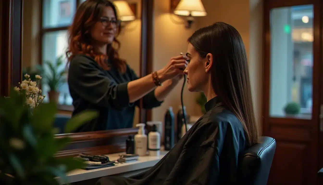 Cliente découvrant sa coupe après diagnostic et coiffage dans un salon de coiffure chaleureux