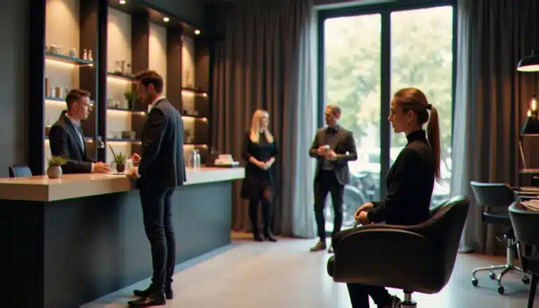 Deux clients discutent du prix moyen coupe homme femme dans un salon de coiffure moderne à Vichy