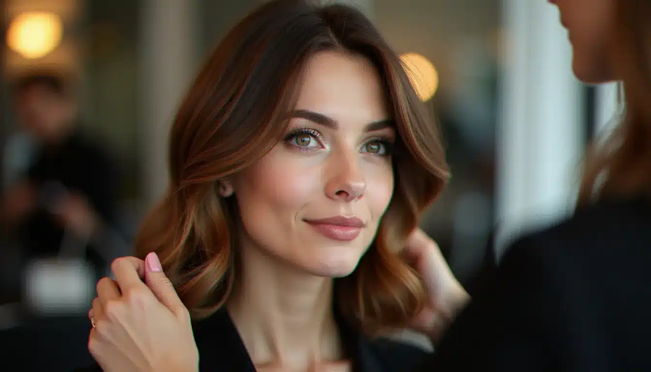 Femme en salon avec une coupe mi-longue brillante illustrant les tendances coiffure de saison