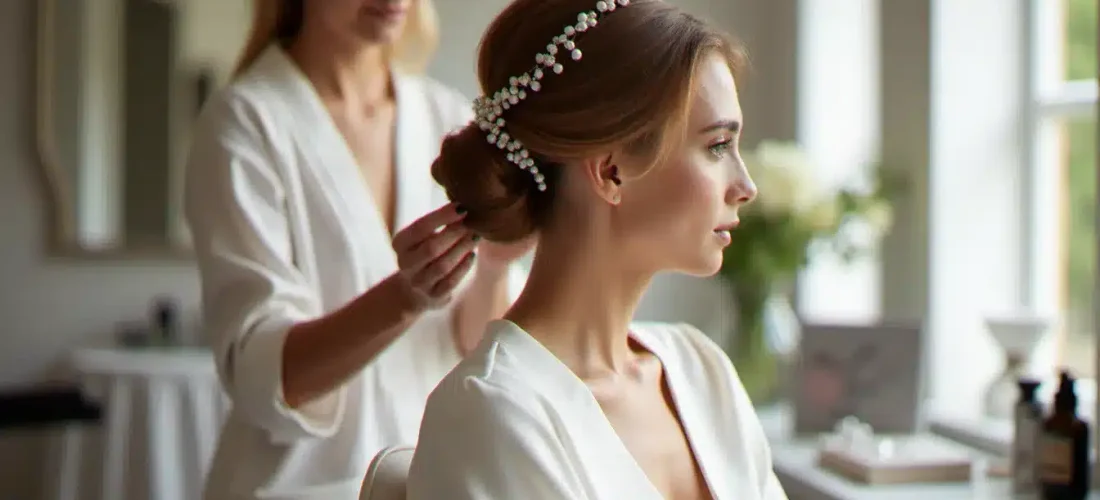 Future mariée en salon préparant les questions coiffeur de mariage que demander avant son essai coiffure
