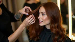 Femme aux cheveux colorés brillants dans un salon, illustration naturelle de l’entretien cheveux colores conseils