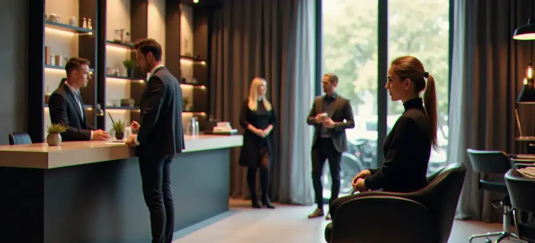 Deux clients discutent du prix moyen coupe homme femme dans un salon de coiffure moderne à Vichy