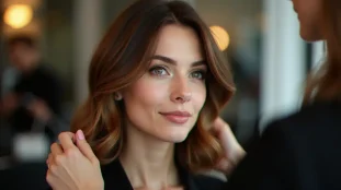 Femme en salon avec une coupe mi-longue brillante illustrant les tendances coiffure de saison