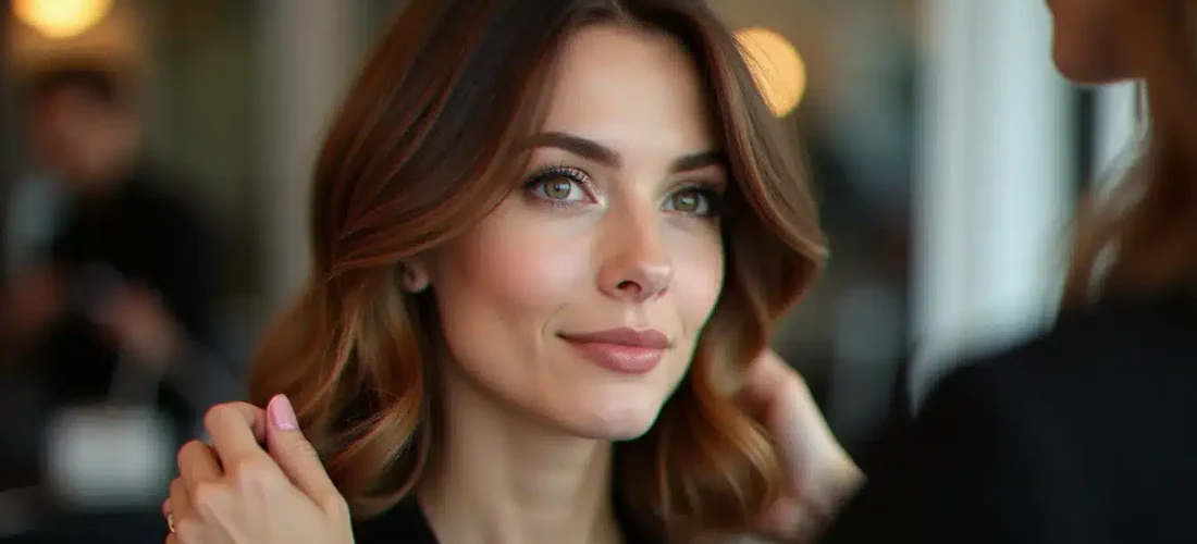 Femme en salon avec une coupe mi-longue brillante illustrant les tendances coiffure de saison